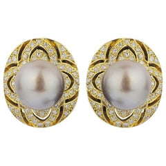 18 Karat Tahitian Pearl, and Diamond Stud Earrings