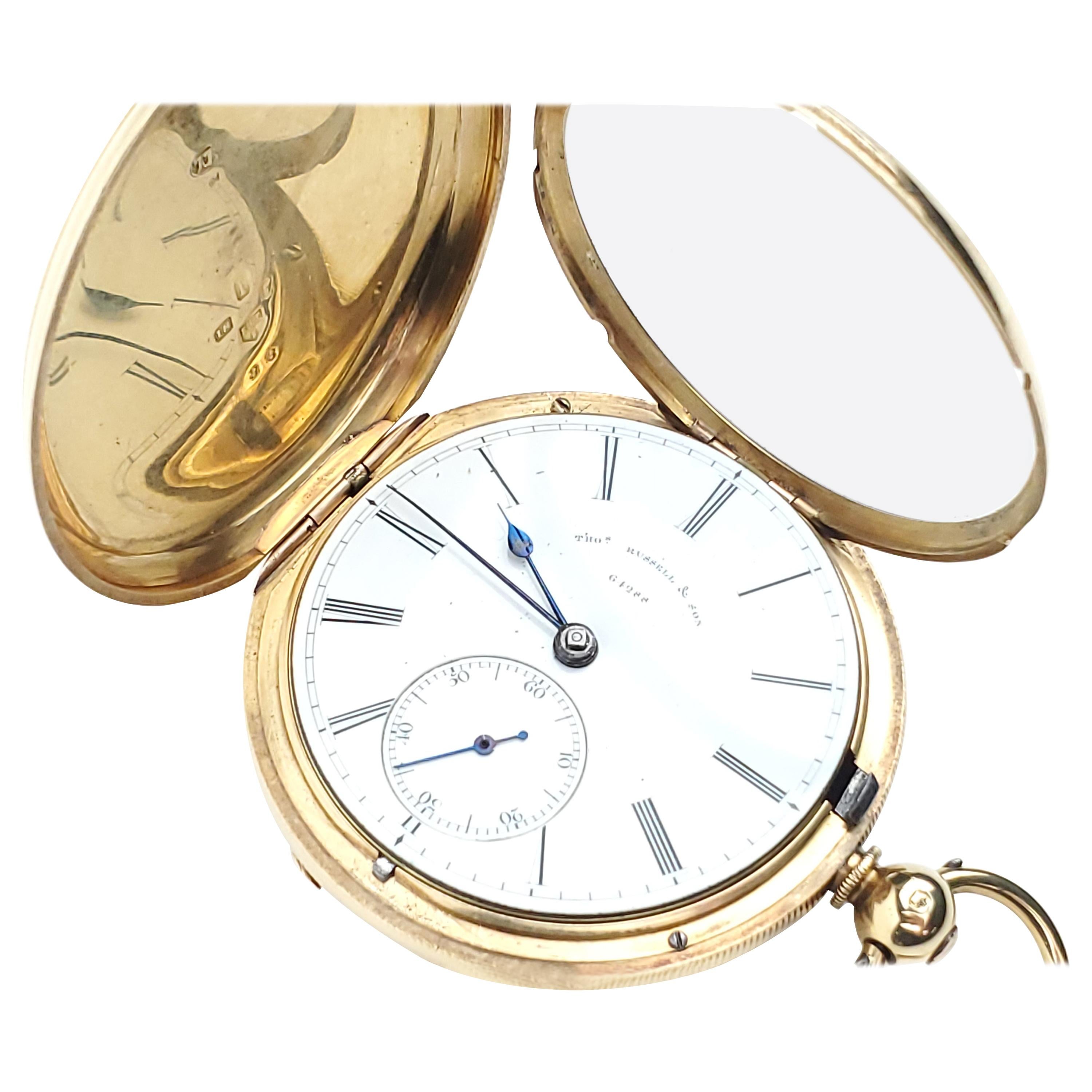 18 Karat Thos. Russel and Son Pocket Watch For Sale