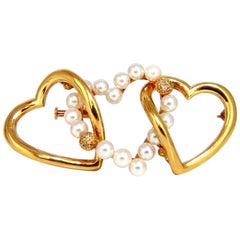 18 Karat Three Heart Love Pearl Diamond Brooch Pin