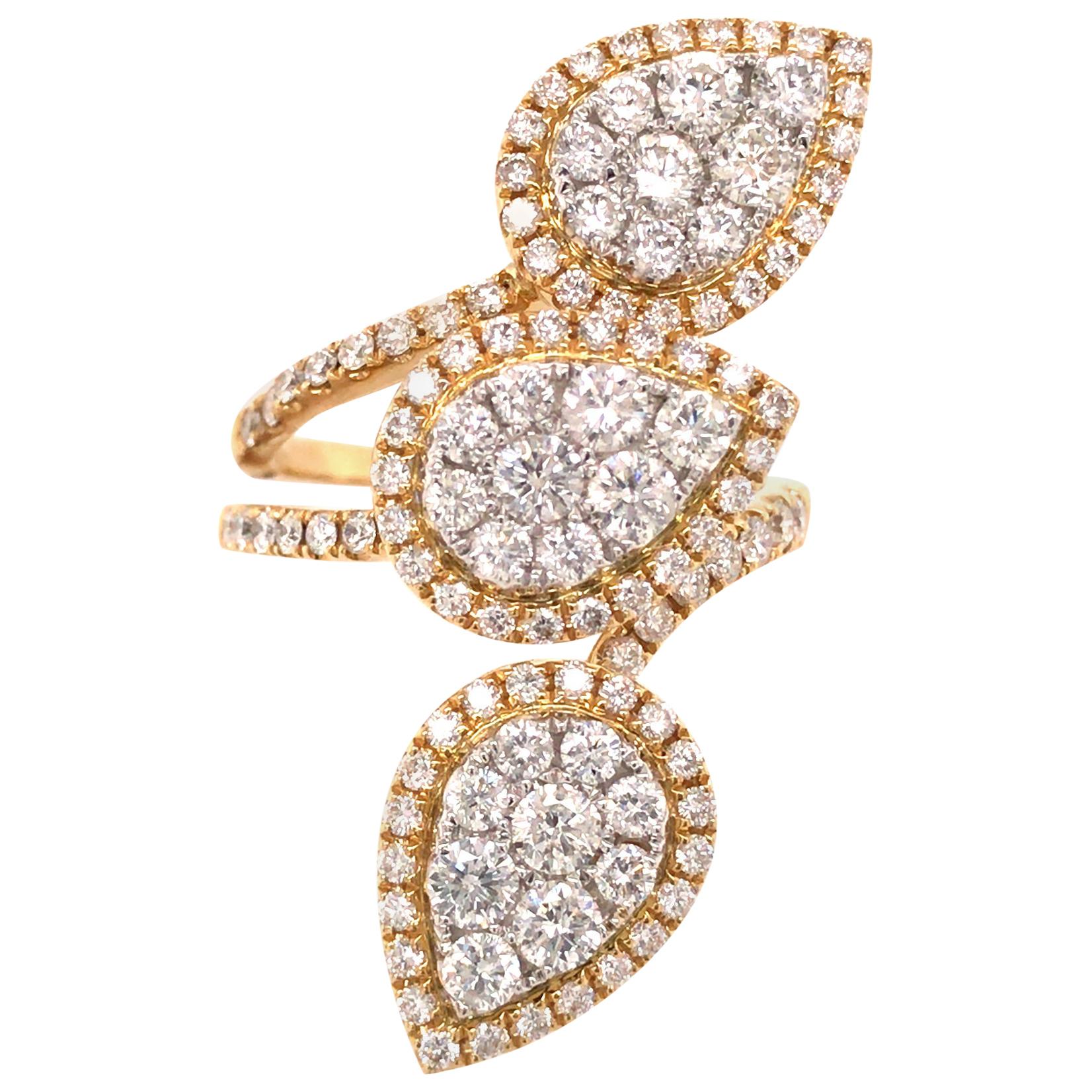 18 Karat Three Pear Shape Cluster Diamond Ring Two-Tone Gold For Sale