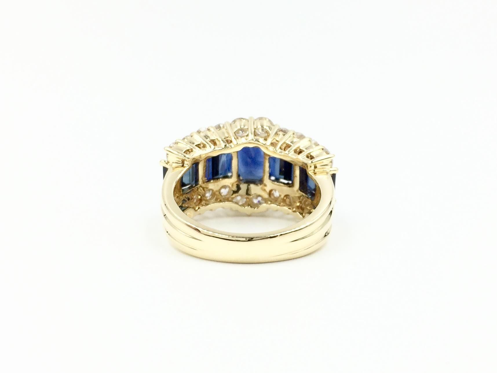Emerald Cut 18 Karat Three-Row Diamond and Sapphire Ring For Sale