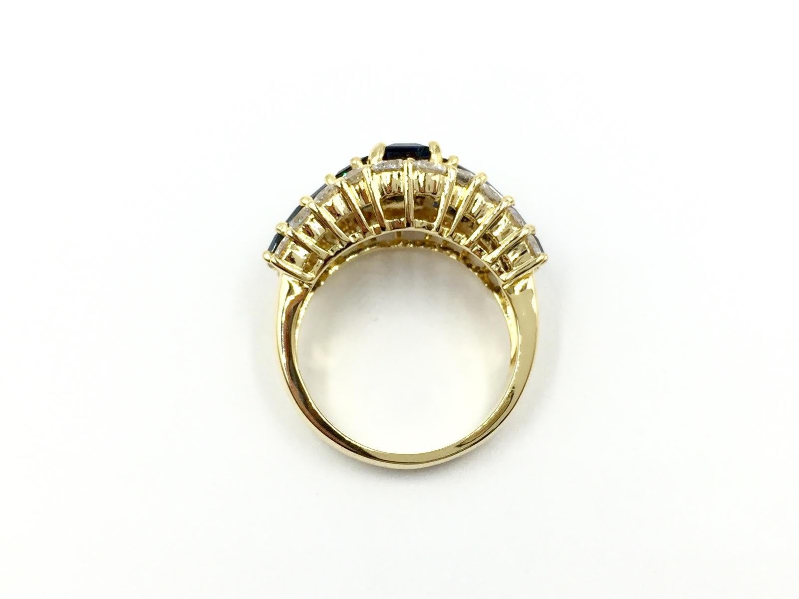 Women's 18 Karat Three-Row Diamond and Sapphire Ring For Sale