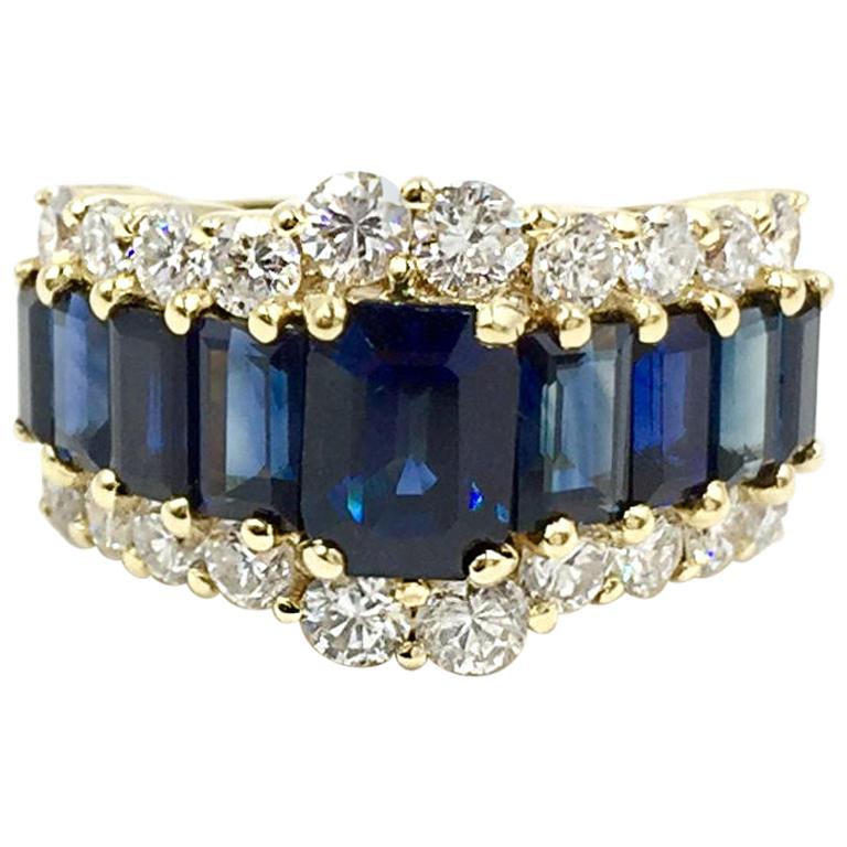 18 Karat Three-Row Diamond and Sapphire Ring For Sale