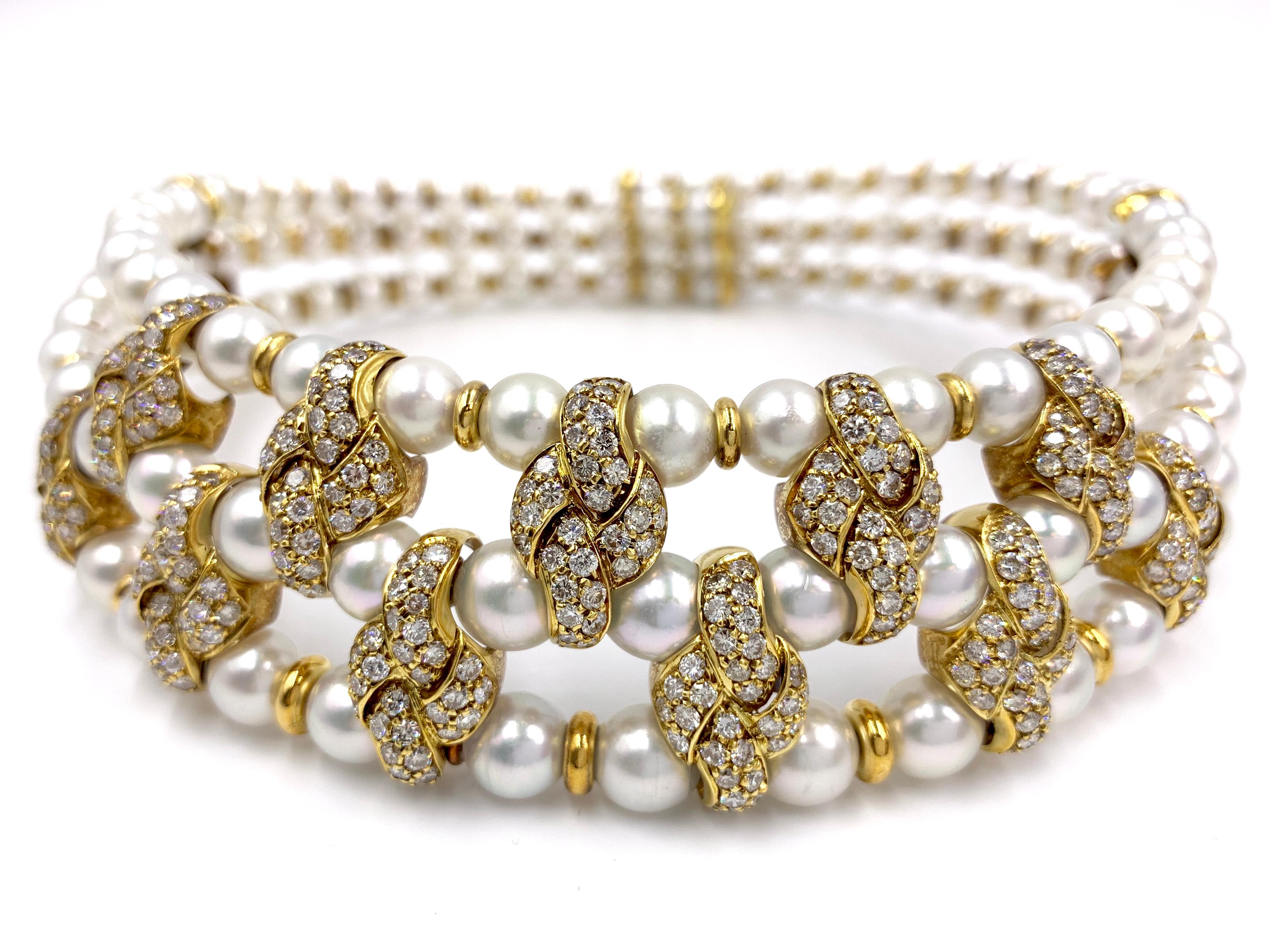Exceptionally well-made flexible 18 karat yellow gold Victorian inspired choker necklace featuring three rows of lustrous graduated natural pearls and 7.50 carats of white diamonds. Necklace designed and signed by Giovane. Diamonds have an