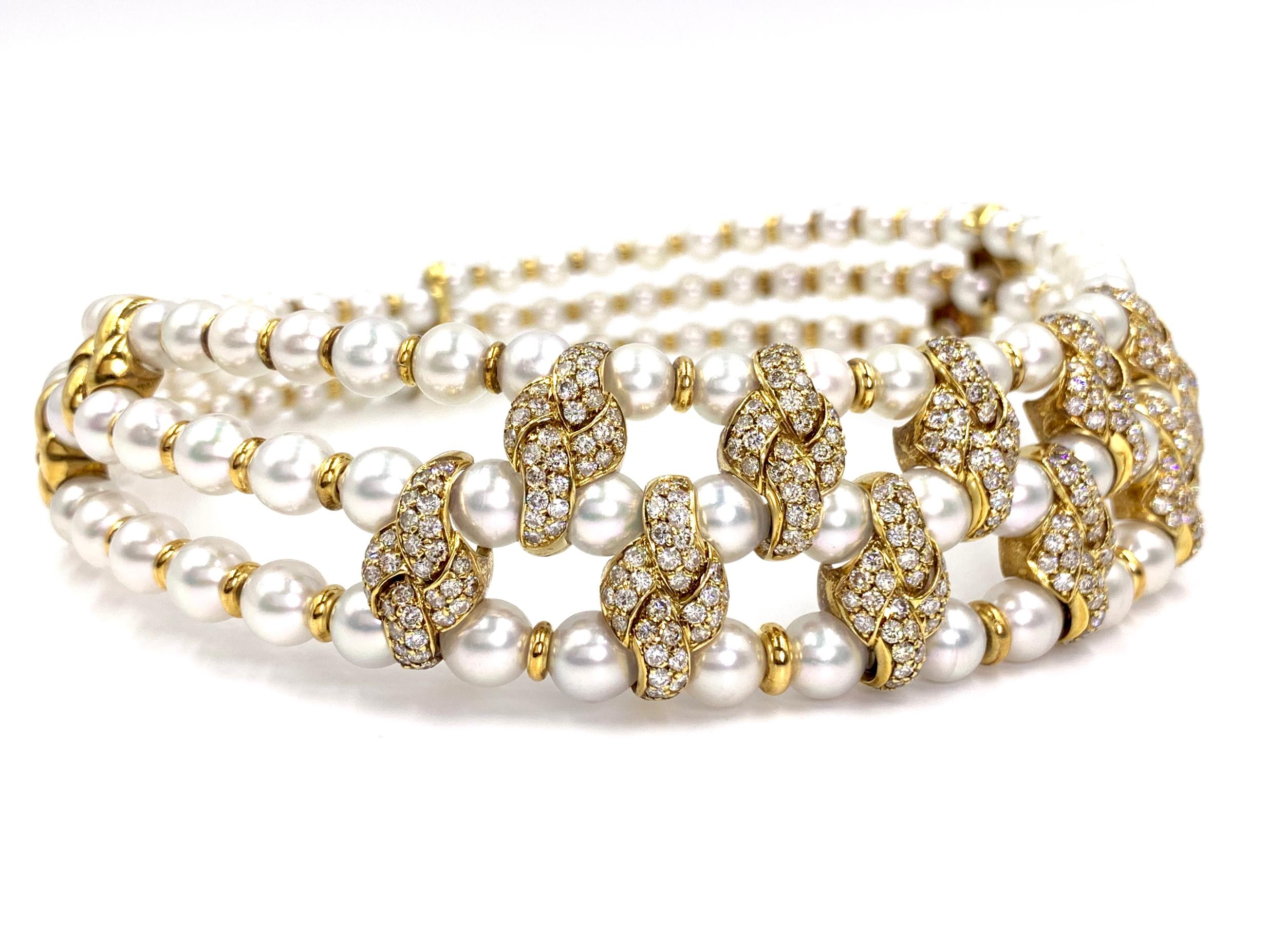 Round Cut 18 Karat Three-Row Pearl and Diamond Victorian Inspired Choker Necklace