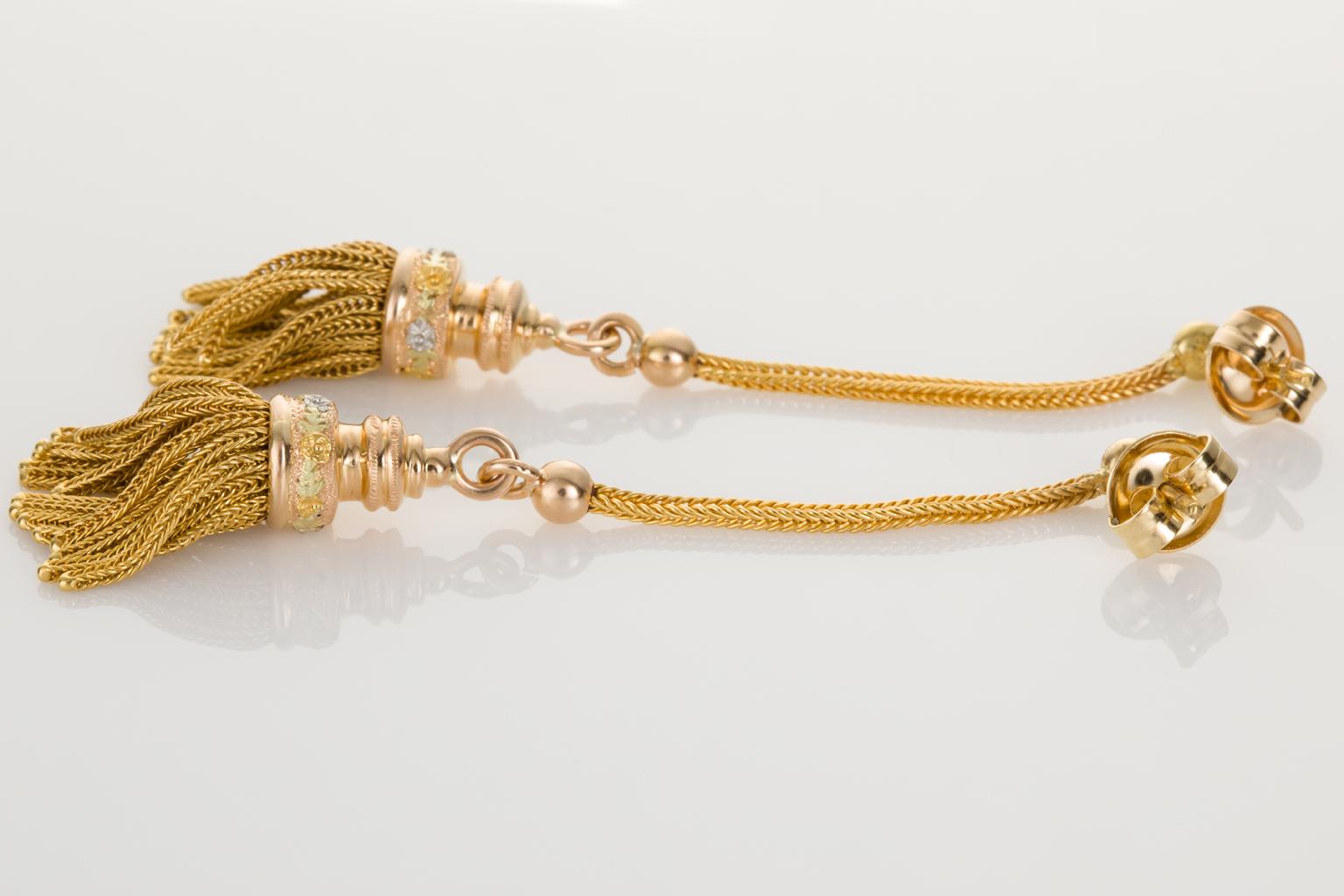 18 Karat Three-Tone Gold Tassel Drop Earrings 1