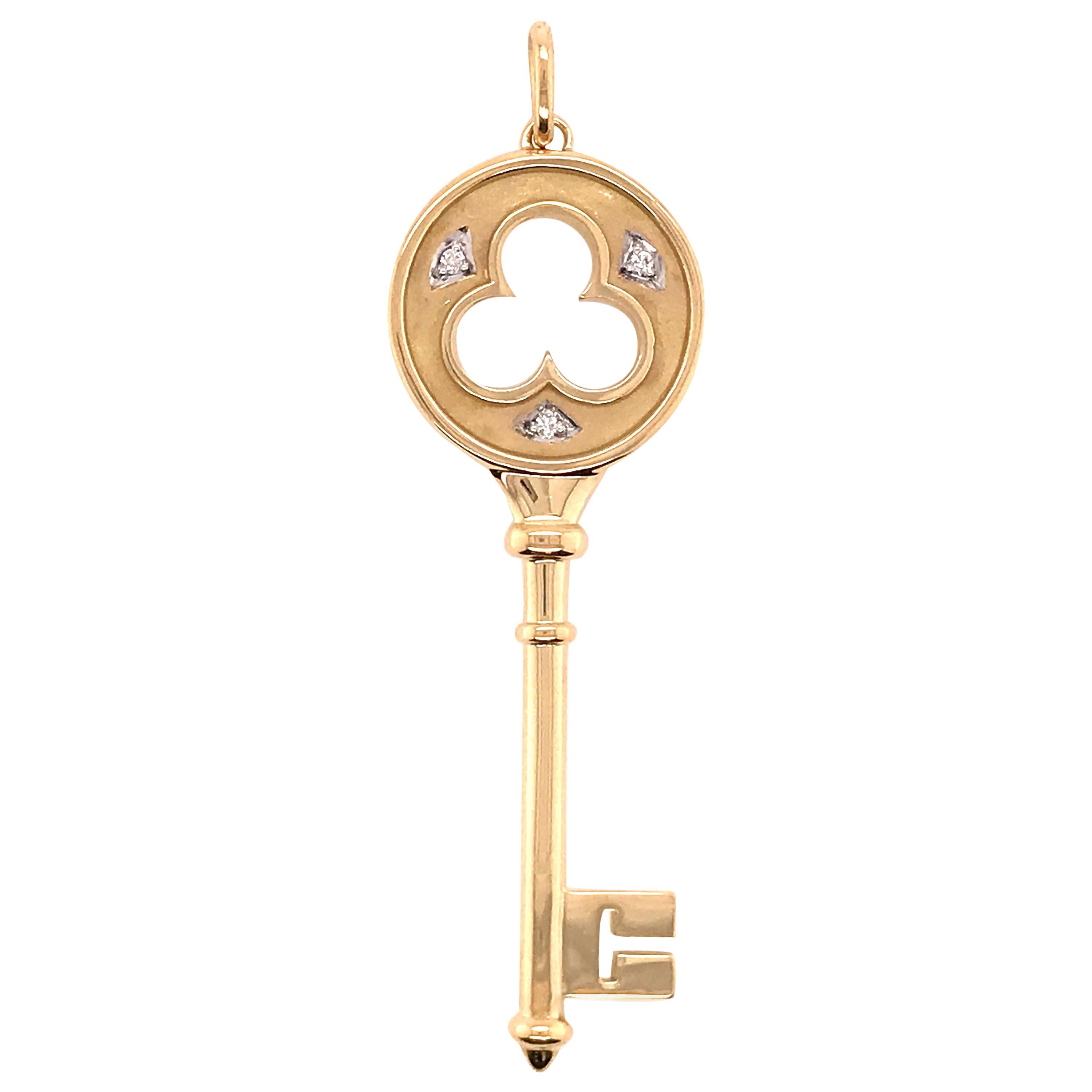 18 Karat Tiffany & Co. Three-Clover Diamond Key Pendant Yellow Gold