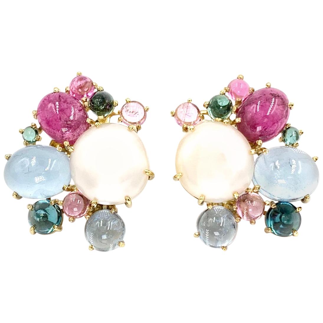 18 Karat Tourmaline and Pearl Cluster Earrings