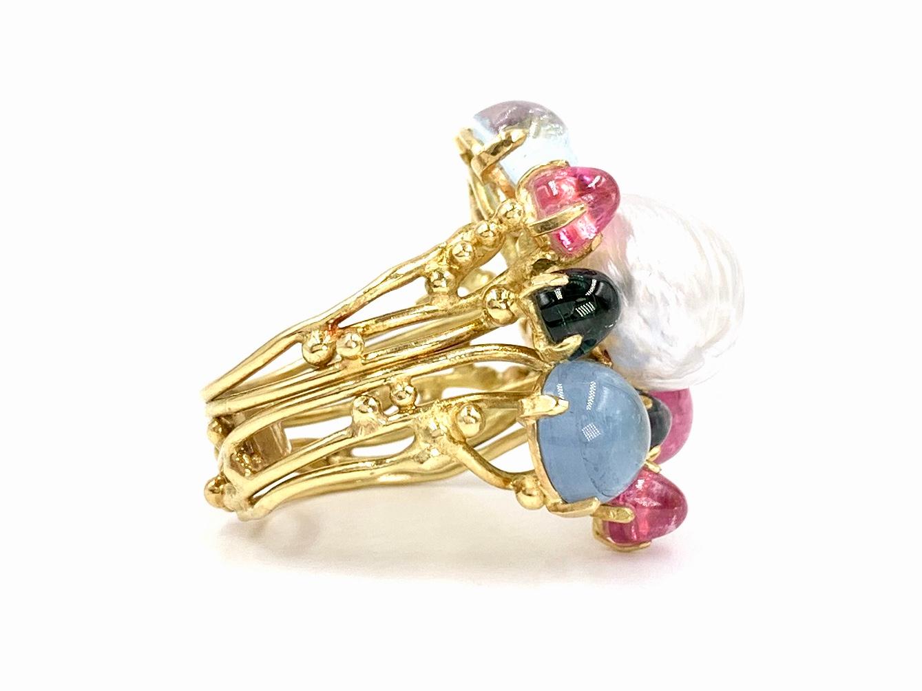 Modern 18 Karat Tourmaline and Pearl Cluster Ring For Sale