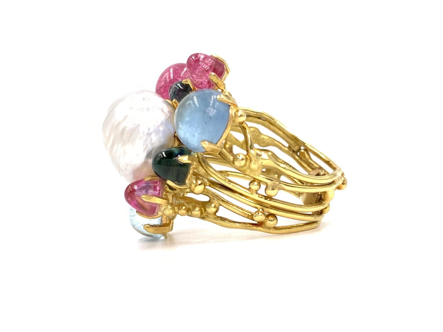 Women's or Men's 18 Karat Tourmaline and Pearl Cluster Ring For Sale