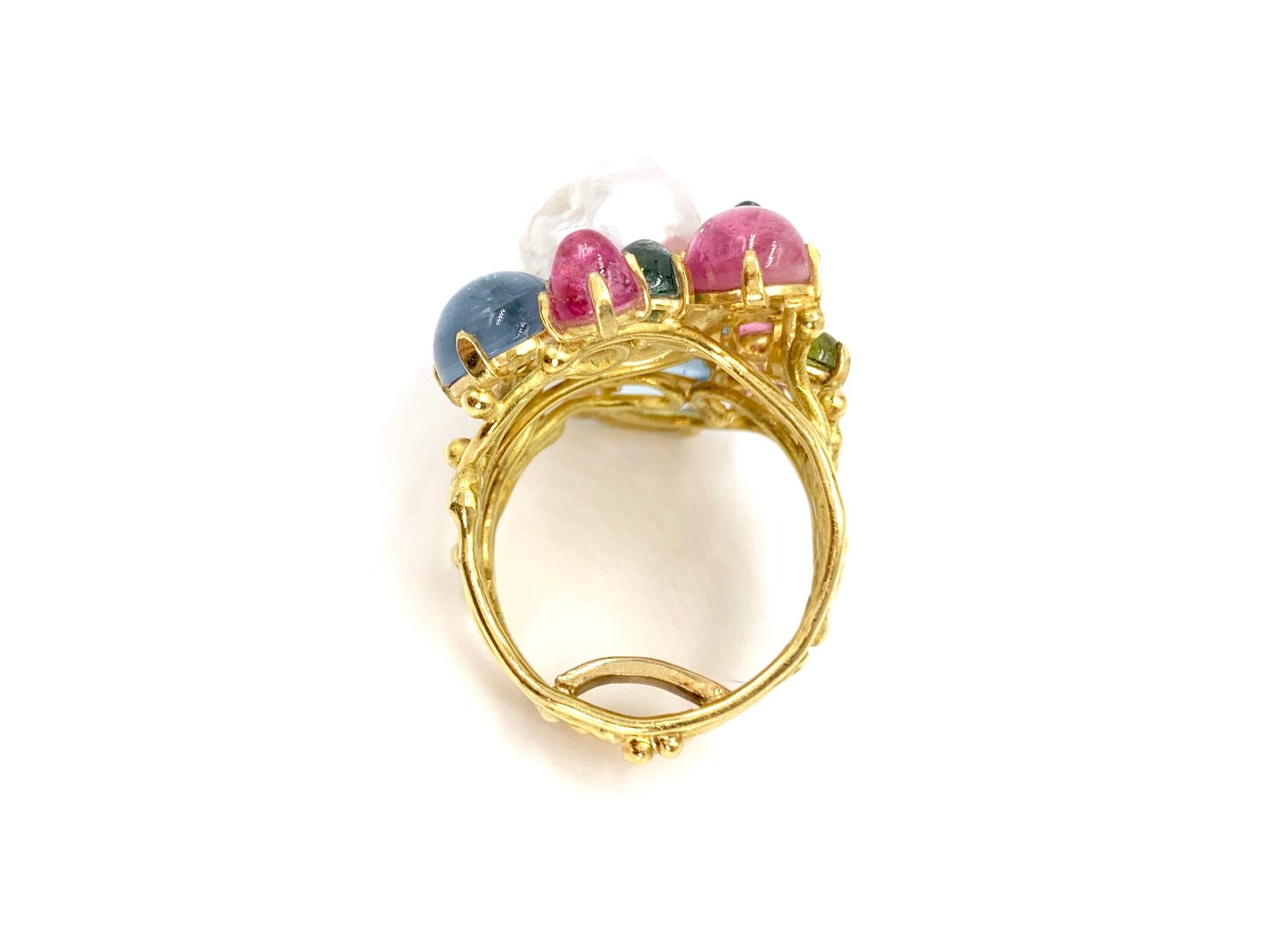 18 Karat Tourmaline and Pearl Cluster Ring For Sale 1
