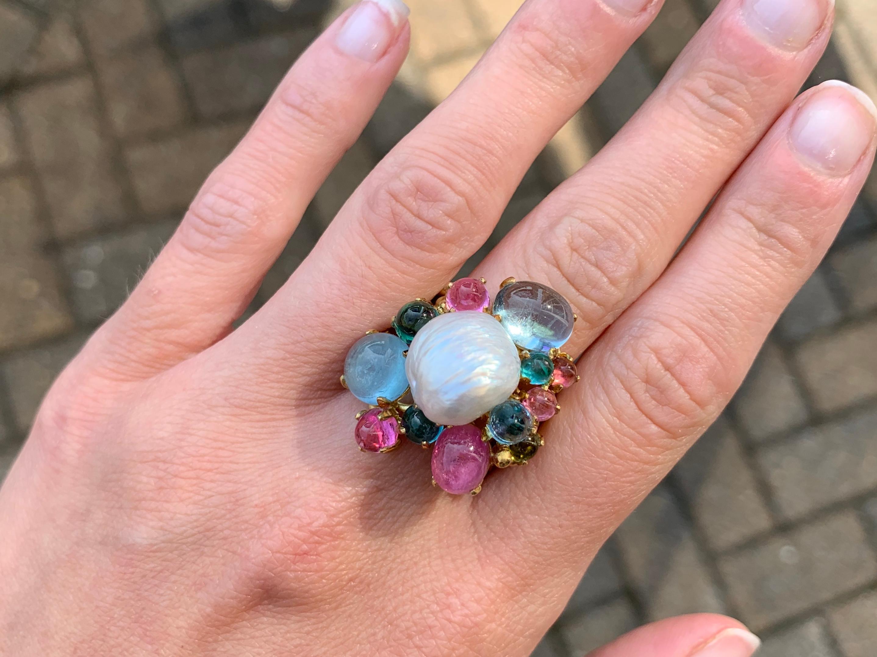 18 Karat Tourmaline and Pearl Cluster Ring For Sale 2
