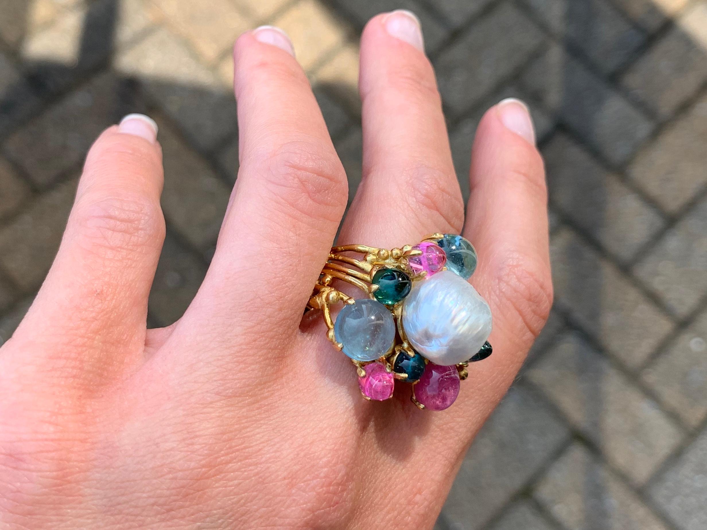 18 Karat Tourmaline and Pearl Cluster Ring For Sale 4