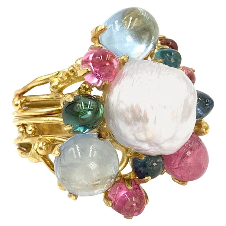 18 Karat Tourmaline and Pearl Cluster Ring For Sale