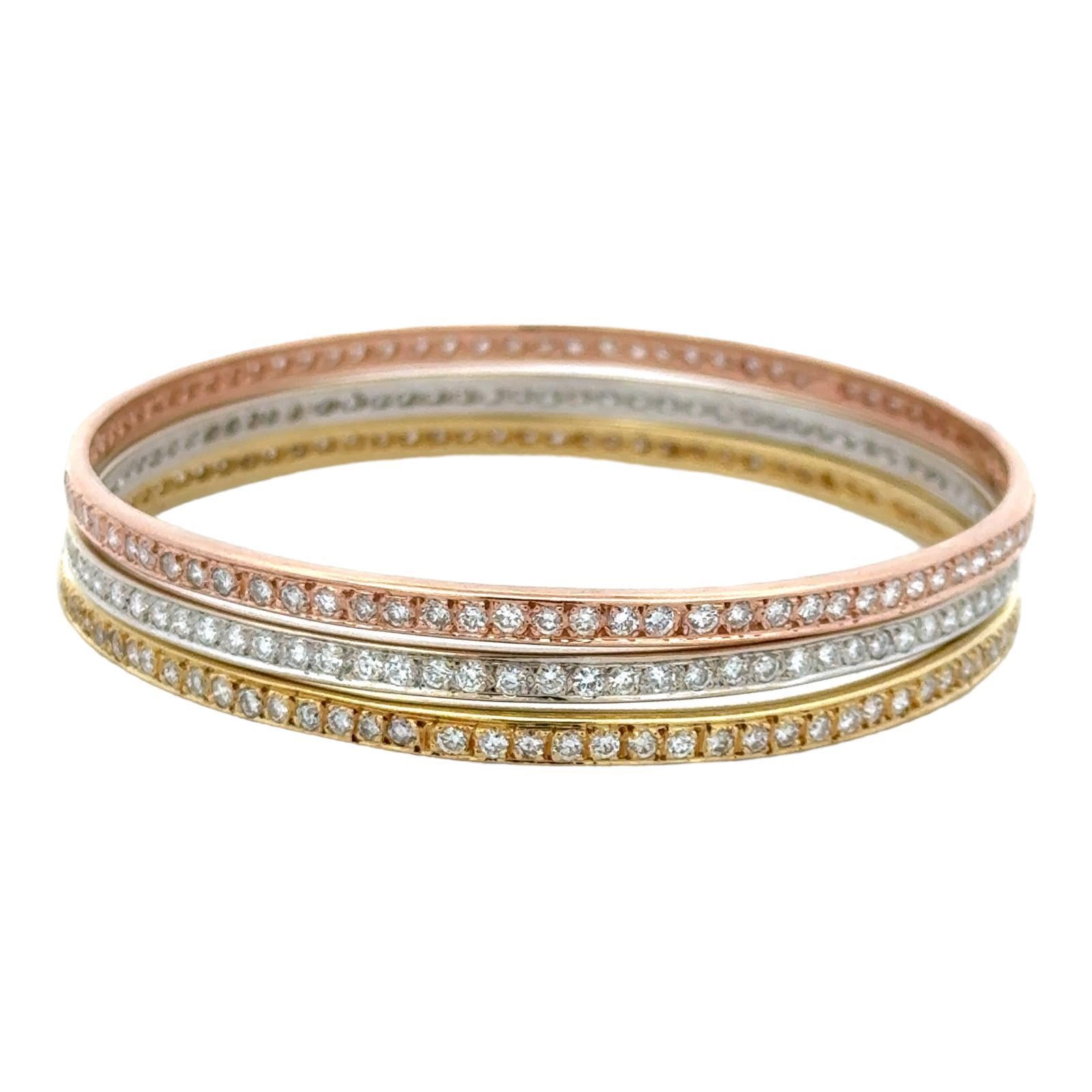 Brilliant Cut 18 Karat Tri-Color Gold Diamond Bangle Bracelets Set of 3 For Sale