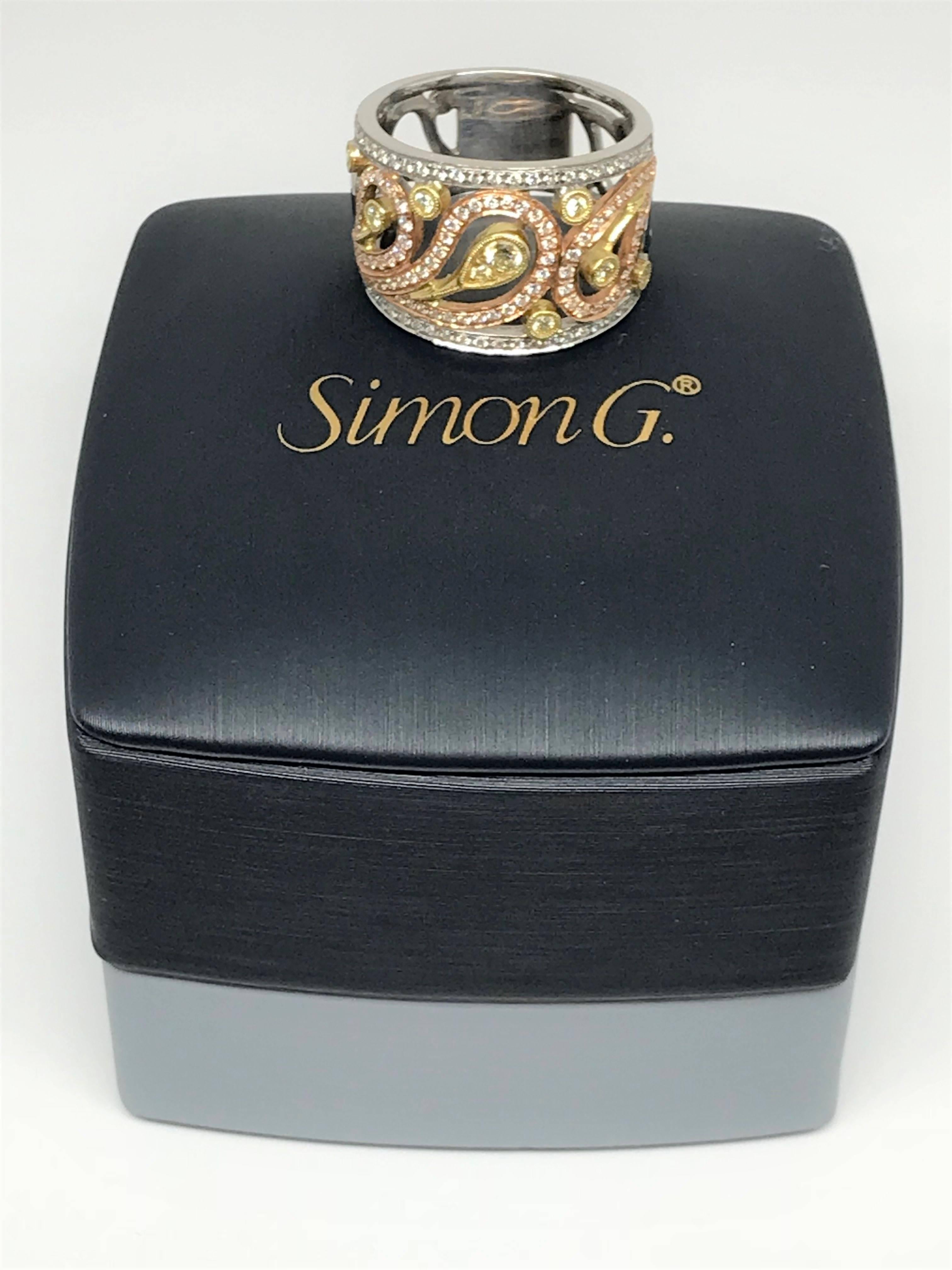 Romantic 18 Karat Tri Color Gold Diamond Ring Simon G For Sale