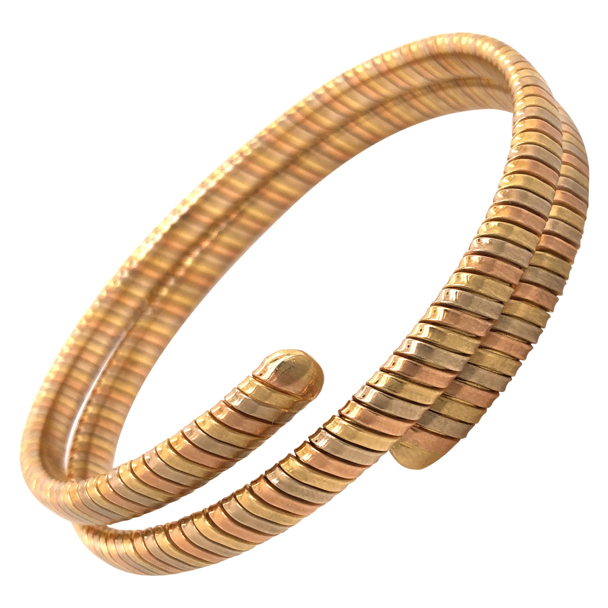 18 Karat Tri-Color Gold Spiral Bangle Bracelet For Sale