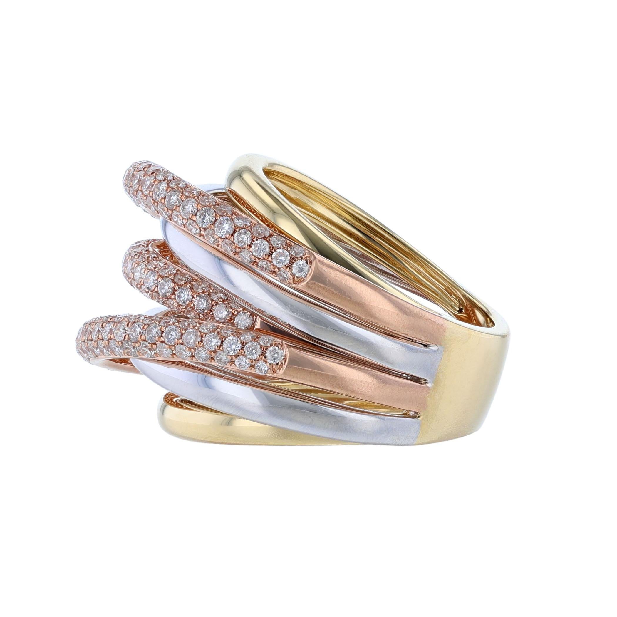 This ring is made in 18 Karat white, yellow, and rose gold. It features 237 round cut, pave' set diamonds weighing 2.07 carats. With a color grade (H) and clarity grade (SI2). 

