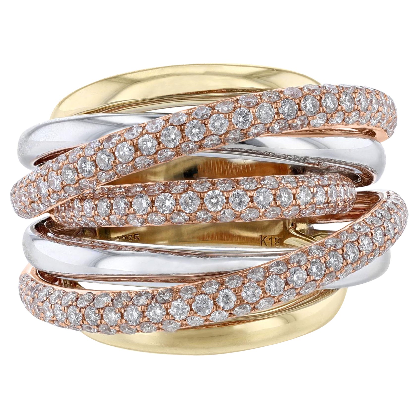 18 Karat Tri-Color Gold Wickel-Cocktailring mit runden Diamanten, 2,07 Karat