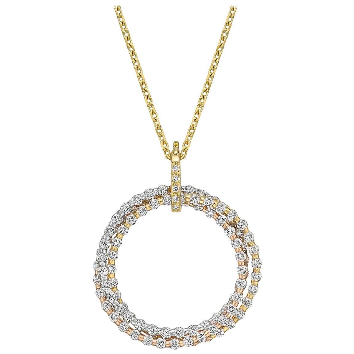 18 Karat Tri-Colored Gold and Diamond Circle Pendant For Sale