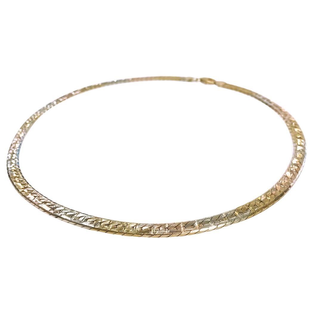 18 Karat Tri-Colored Gold Fancy Beveled Herringbone Necklace