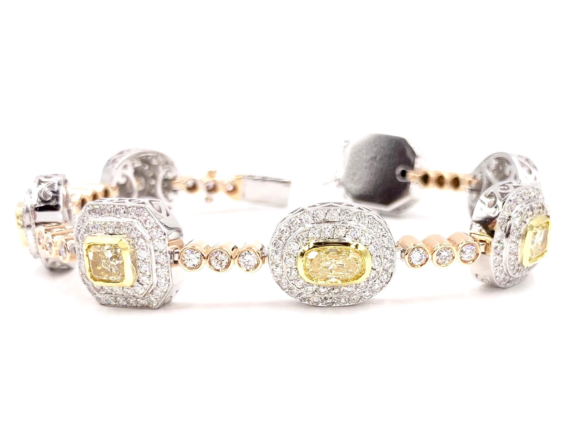 An exquisite white and fancy yellow diamond bracelet, beautifully incorporating 18 karat white, rose and yellow gold with 12.30 diamond carat total weight. This unique bracelet features four different fancy shapes of yellow diamonds surrounded by