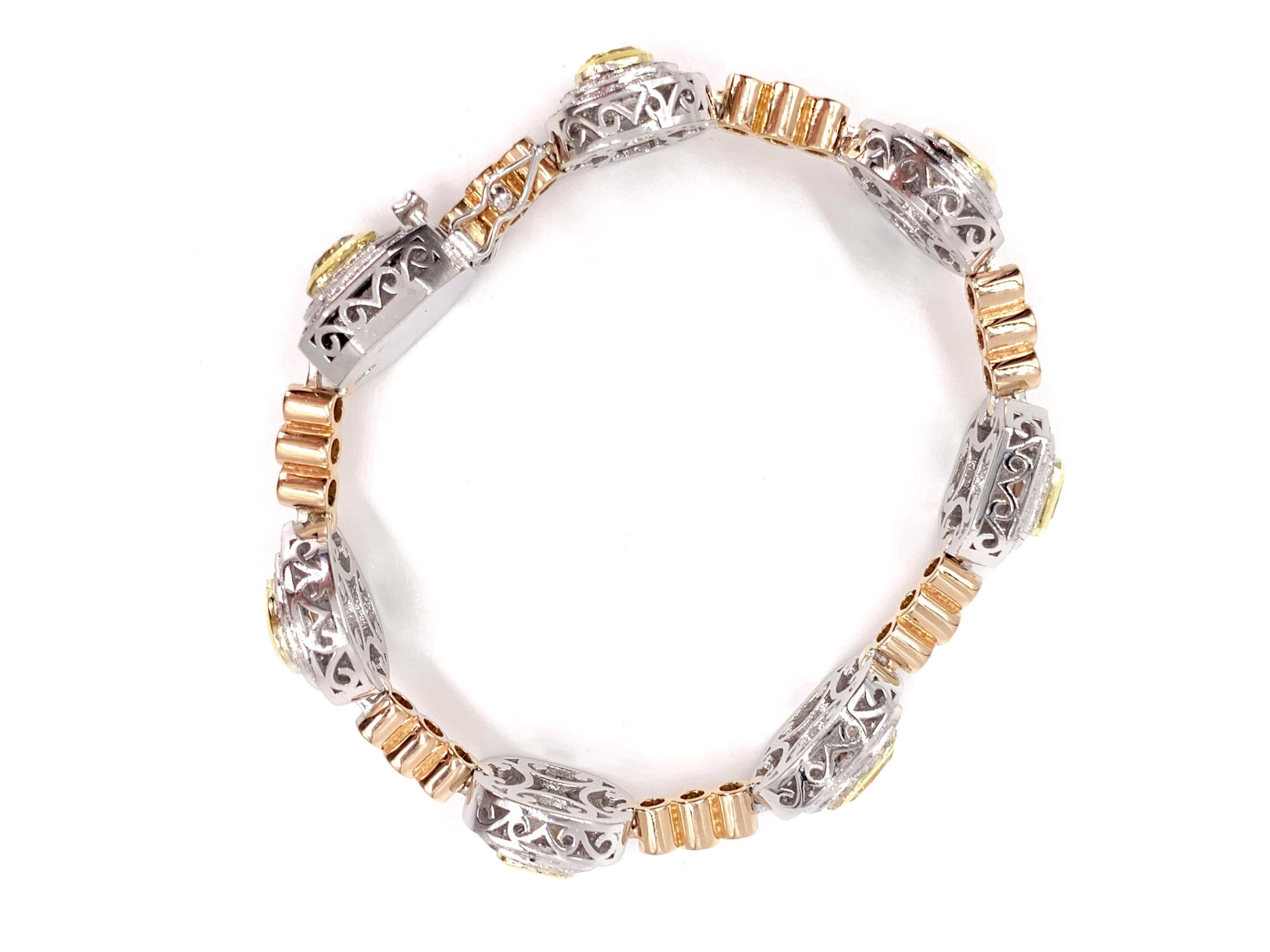 18 Karat Tri-Colored Gold Fancy Yellow and White Diamond Bracelet In Excellent Condition In Pikesville, MD