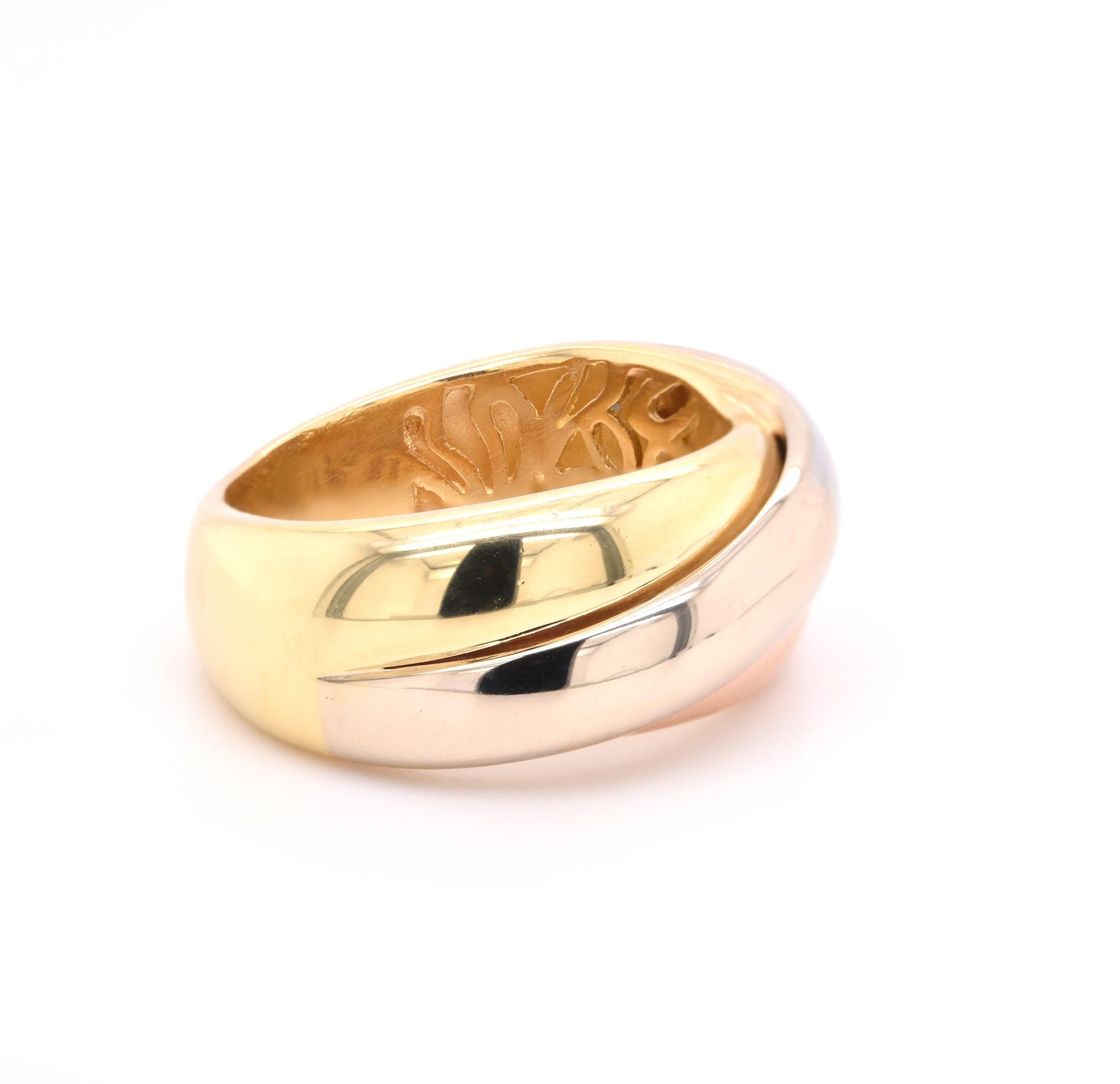 Designer: custom 
Material: 18k yellow, rose, and white gold
Dimensions: the ring measures 9mm wide
Size: 6
Weight:  10.1 grams