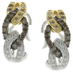 18 Karat Tri Tone White, Chocolate, and Fancy Yellow Diamond Loop Earrings