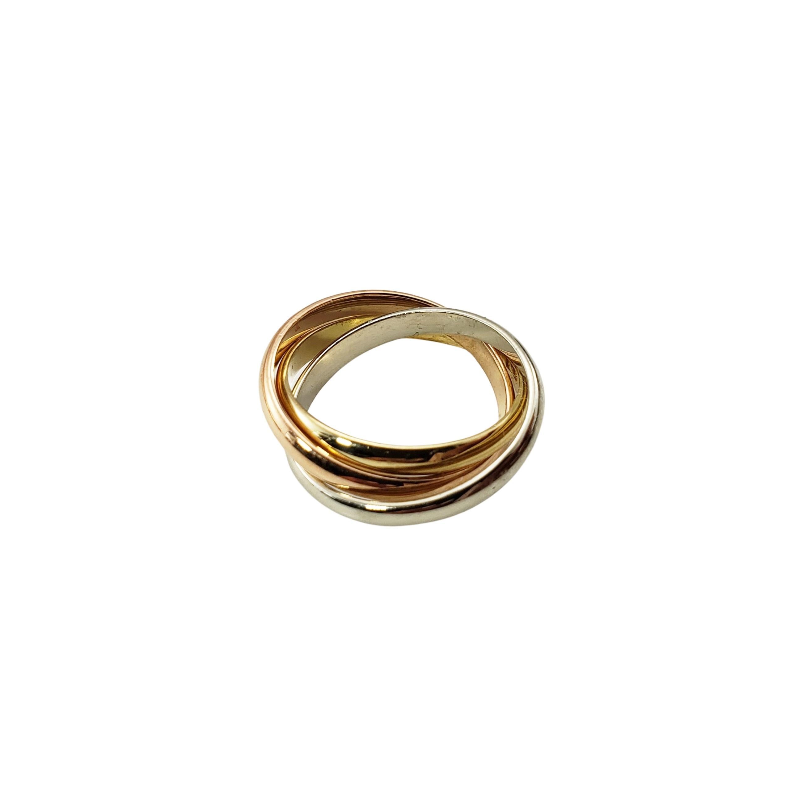 18 Karat Tricolor Rolling Ring-

This classic rolling ring features a trio of connected bands crafted in 18K yellow, white and rose gold.
Width of each band:  3 mm.

Ring Size: 6

Weight:  6.2 dwt. /  4.0 gr.

Stamped: 750  110  AR

Very good