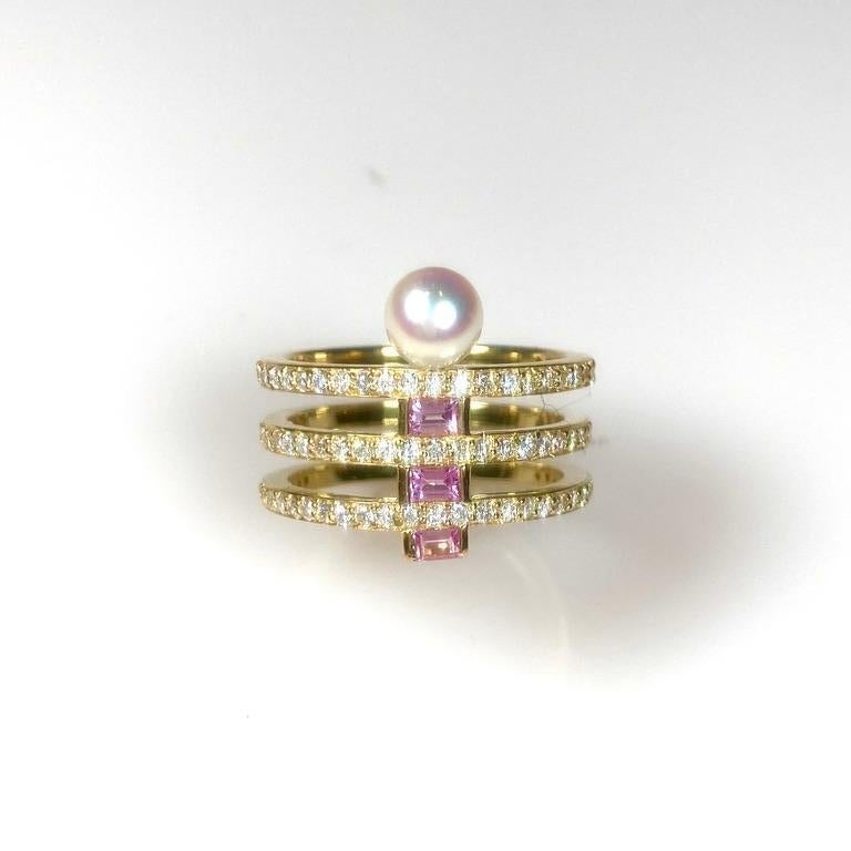 18 Karat Triple Band Ring with Diamonds, Pink Sapphire Baguettes and Pearl In New Condition For Sale In New York, NY