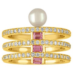 18 Karat Triple Band Ring with Diamonds, Pink Sapphire Baguettes and Pearl