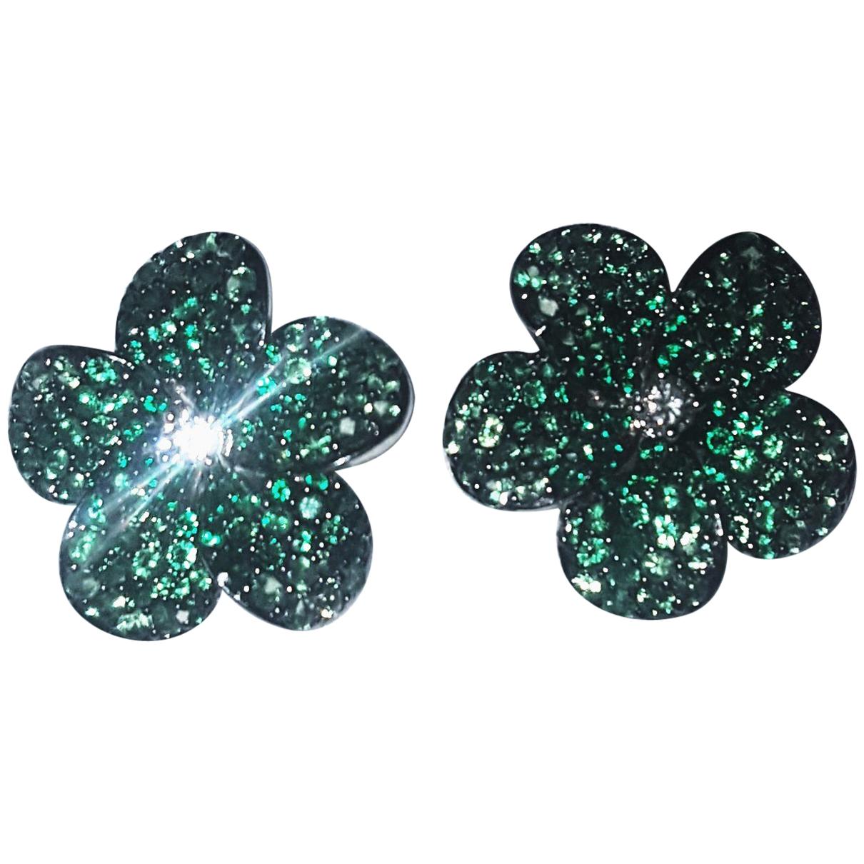 18 Karat Tsavorite and Diamond Flower Stud Earrings For Sale