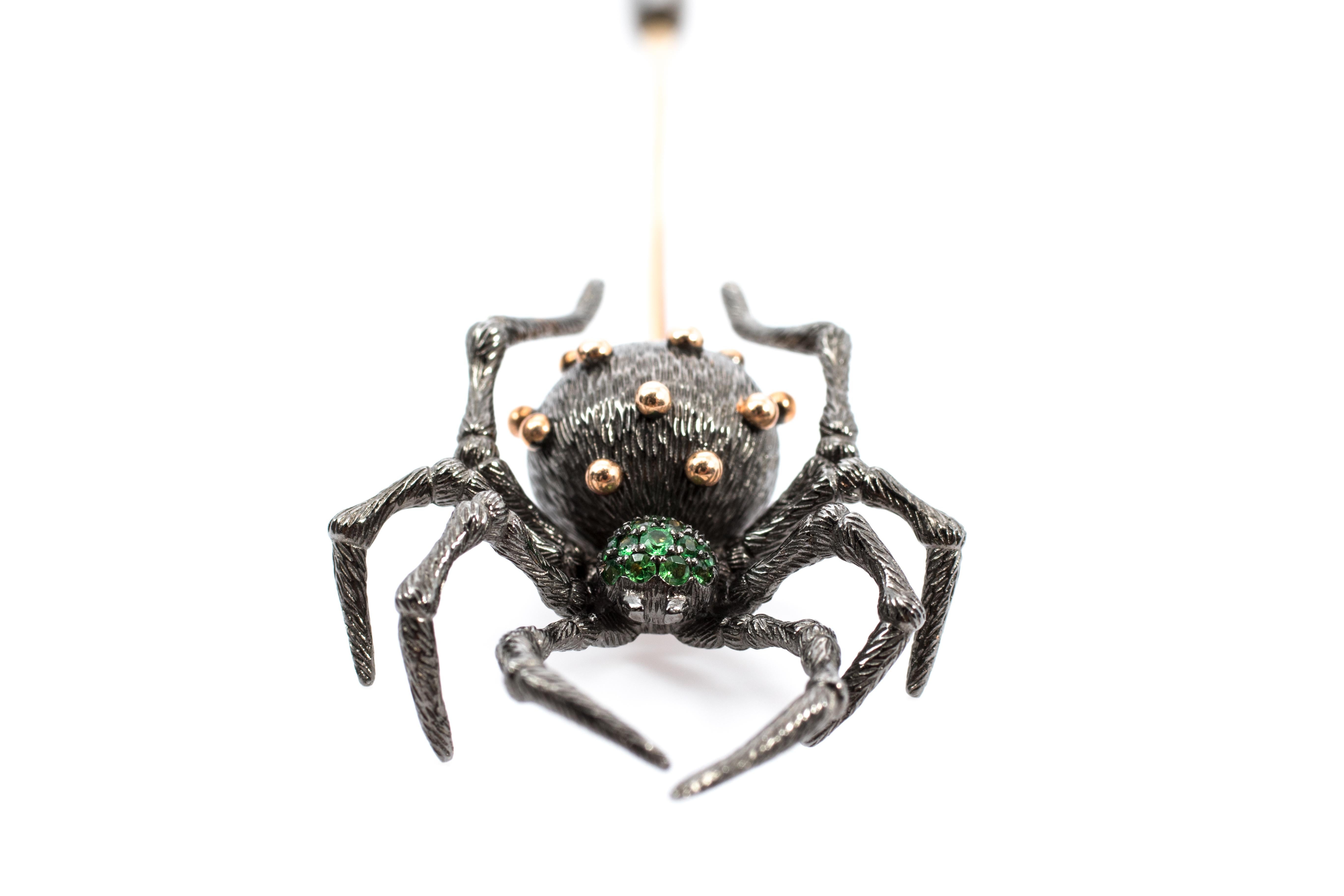 Women's or Men's 18 Karat Black Gold and Yellow Gold Spider Brooch with Tsavorites For Sale