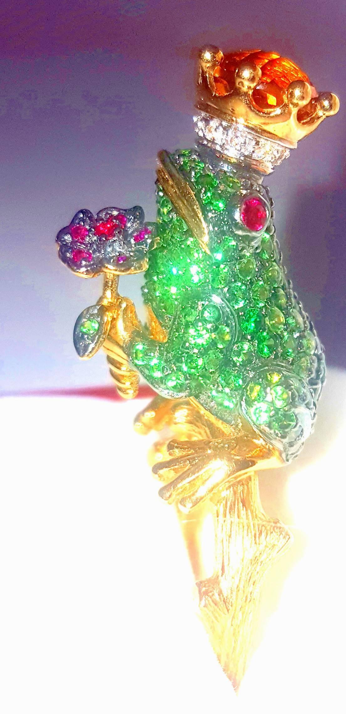 Contemporary 18 Karat Tsavorite, Diamond and Ruby Frog Ring