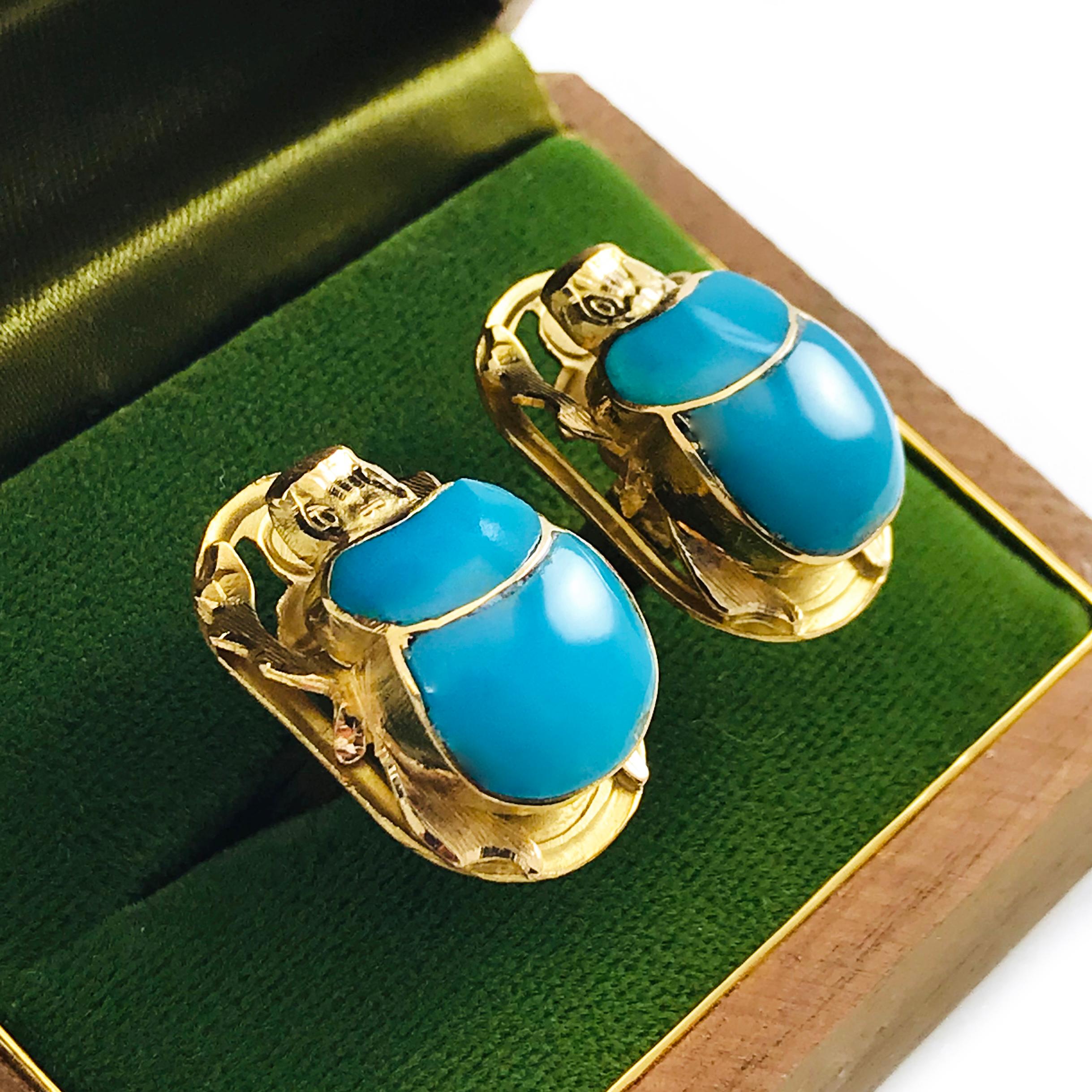 Egyptian Revival 18 Karat Turquoise Scarab Egyptian Cufflinks