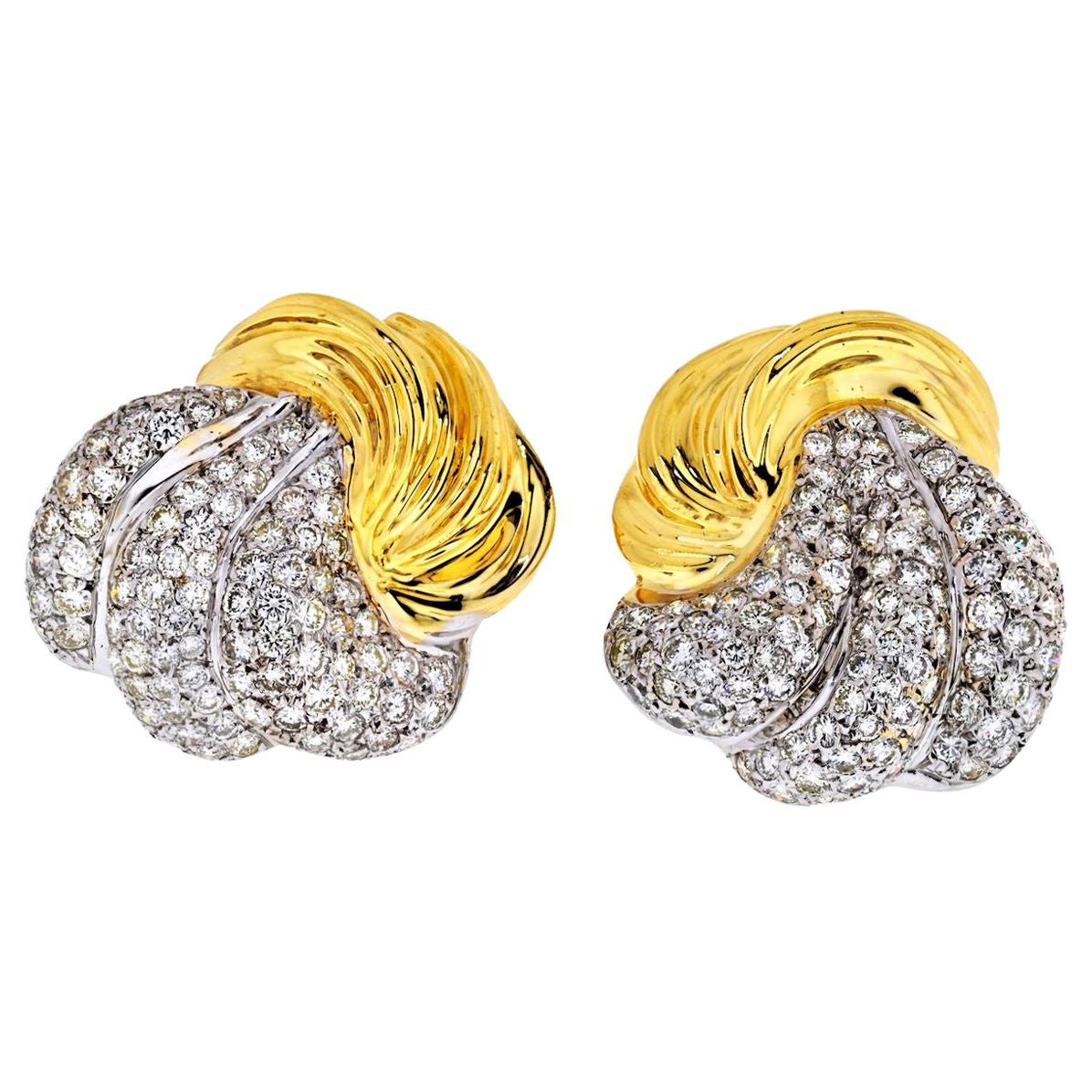 18 Karat Two-Tone 9.50 Carat Large Fluted Estate Diamond Clip Earrings For Sale