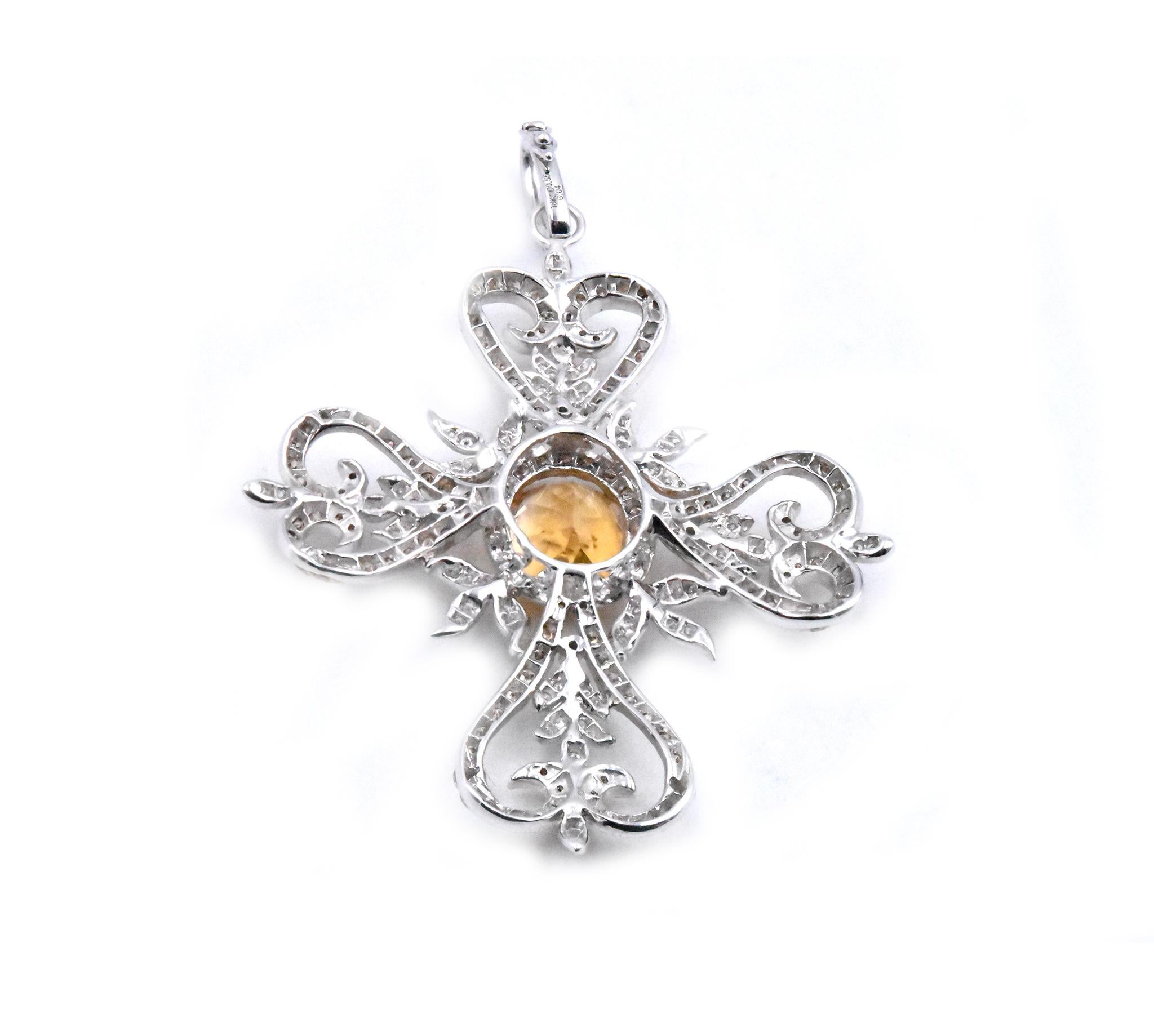 18 Karat Two-Tone Citrine and Diamond Cross Pendant In Excellent Condition In Scottsdale, AZ