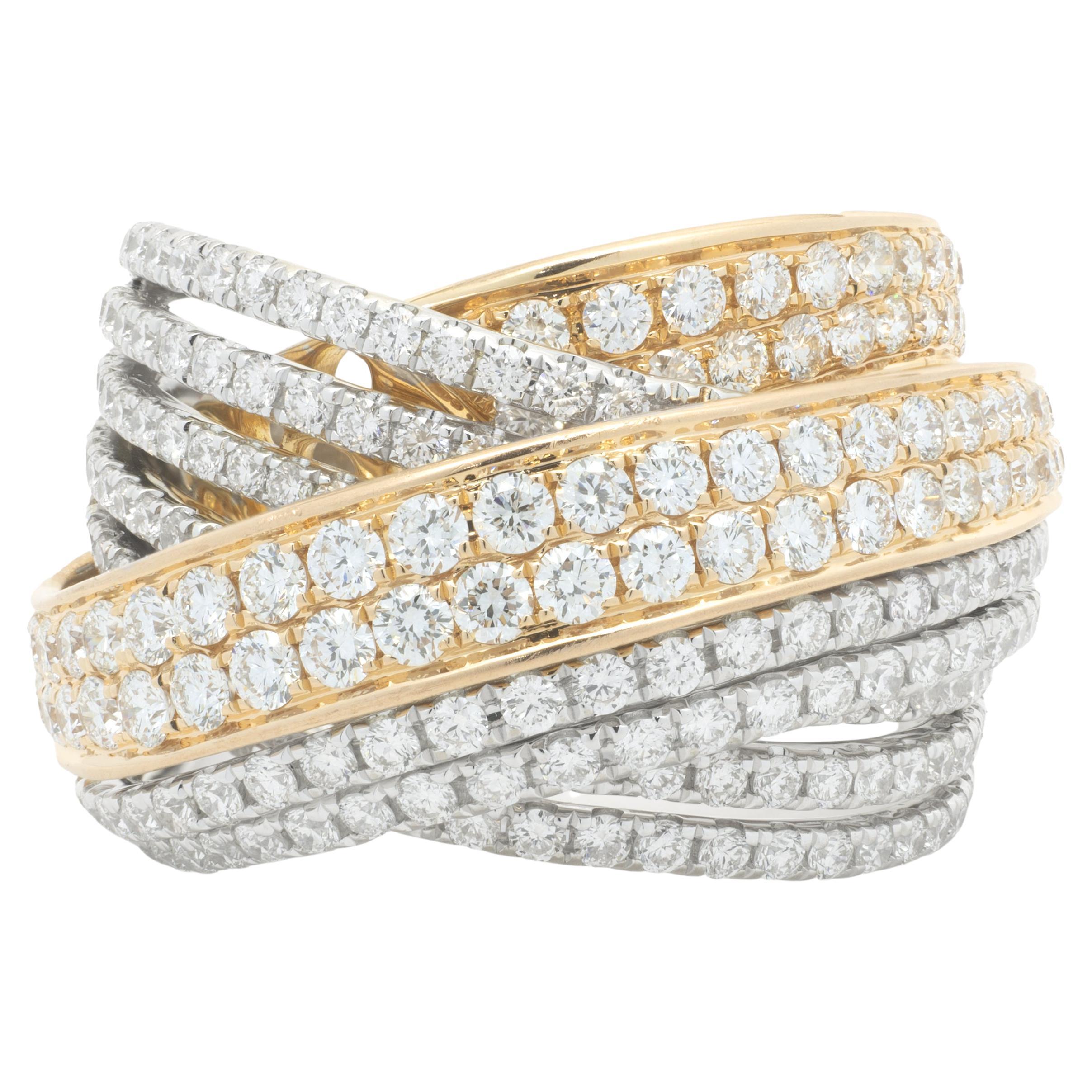18 Karat Two Tone Diamond Crossover Ring For Sale