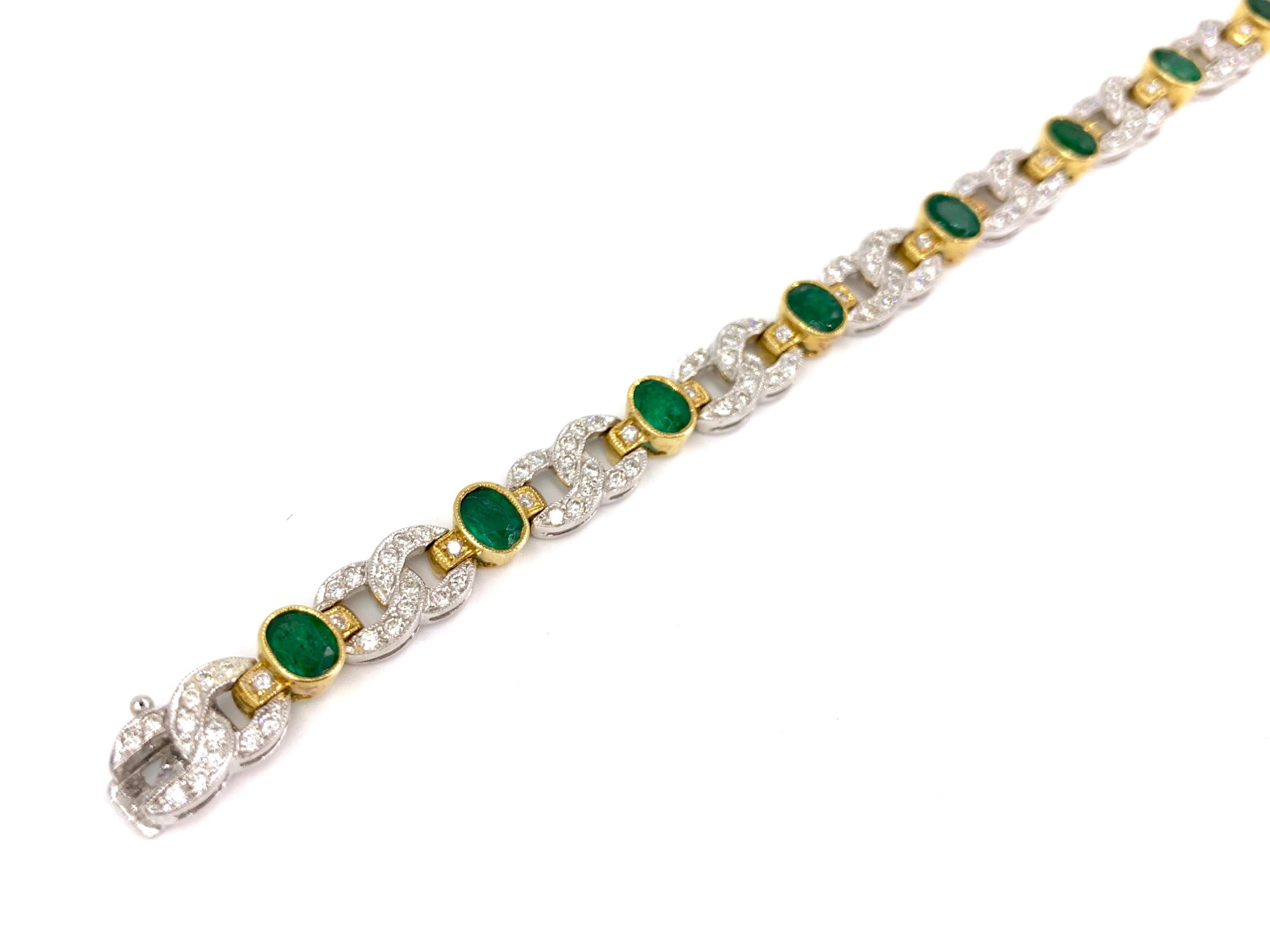 Women's 18 Karat Two-Tone Emerald and Diamond Link Bracelet