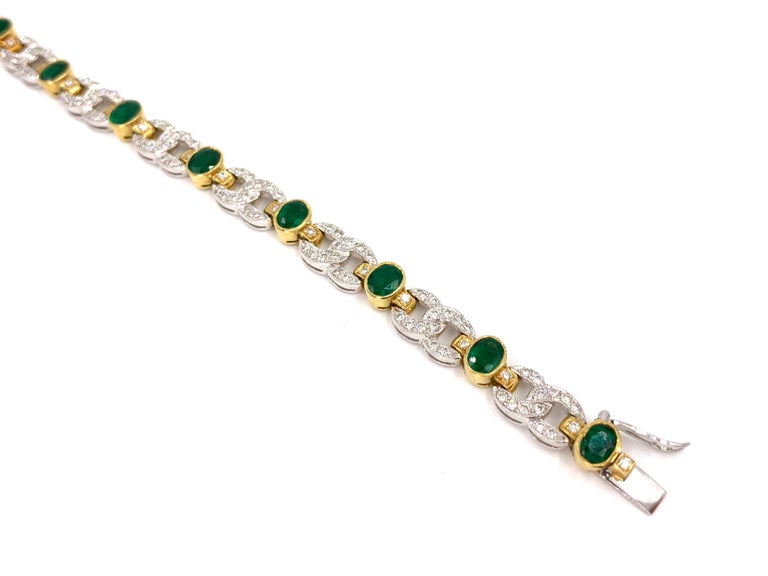 18 Karat Two-Tone Emerald and Diamond Link Bracelet at 1stDibs