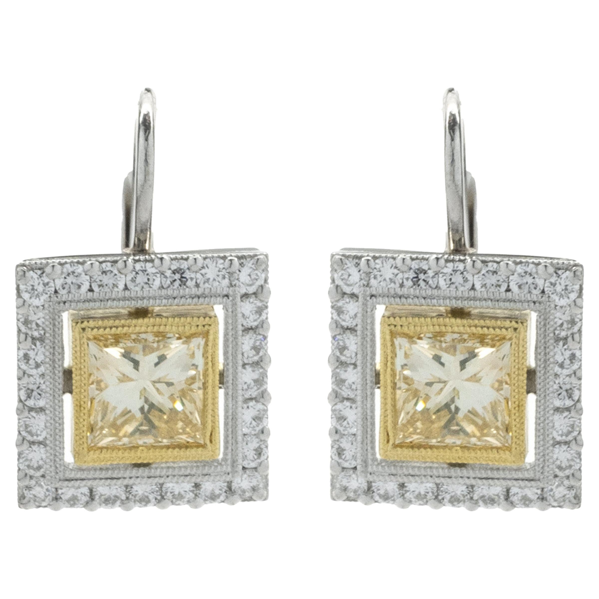 18K White and Yellow Gold Oval Fancy Yellow Diamond Drop Earrings with