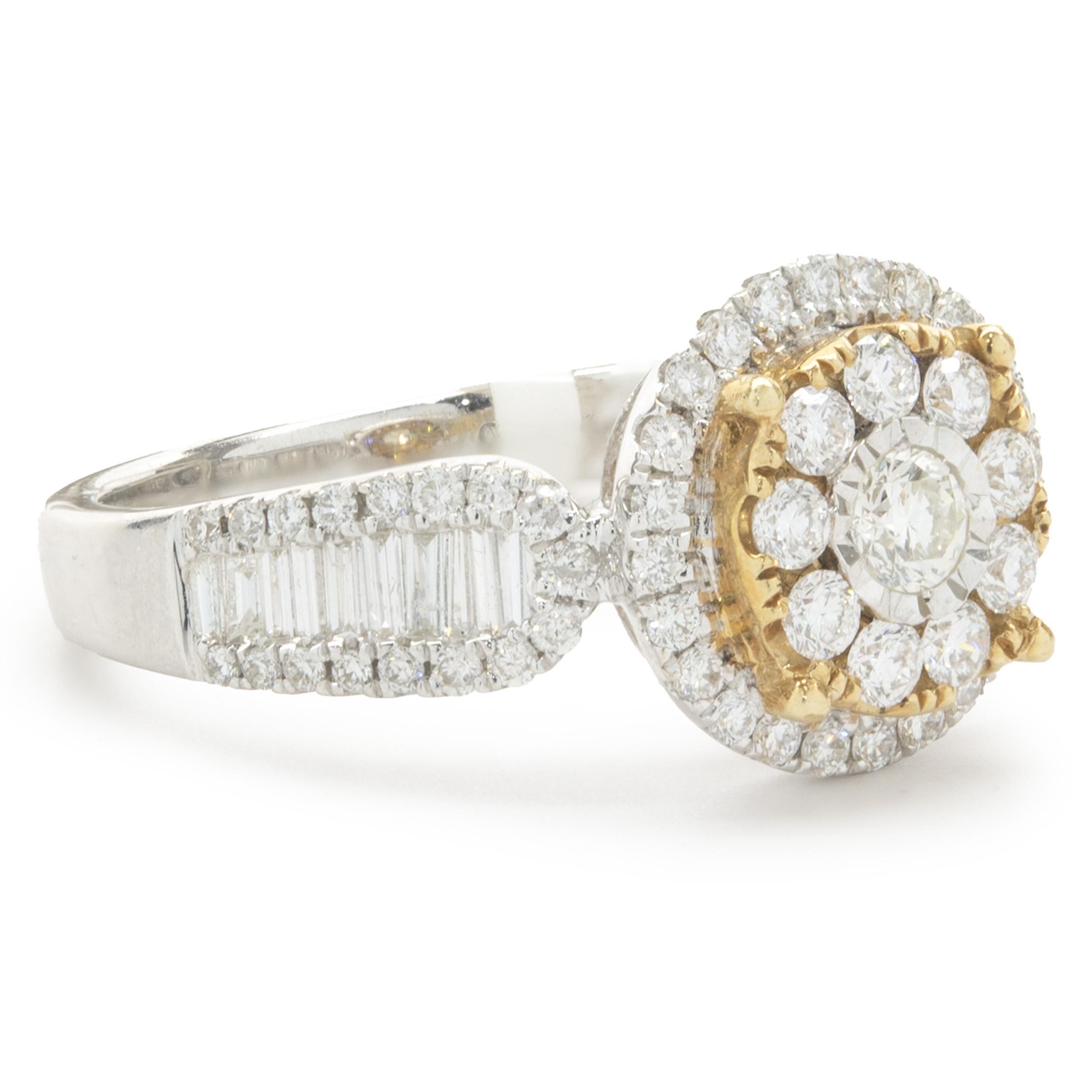 Designer: custom
Material: 18K White and Yellow Gold
Diamond: 86 round and baguette diamonds= 0.99cttw
Color: H
Clarity: SI1
Ring size: 6.75 (please allow two additional shipping days for sizing requests)
Weight: 5.05 grams
