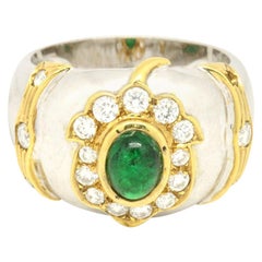18 Karat Two-Tone Gold 1.41 Carat Emerald and Diamonds Wide Band Ring