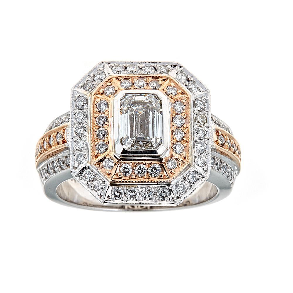 1.70 ctw Emerald Cut Diamond Ring Double Frame Two -Tone 18k Gold Ring Size 7 For Sale