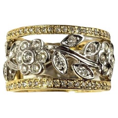 18 Karat Two-Tone Gold and Diamond Floral Band Ring Size 6.75 #13543