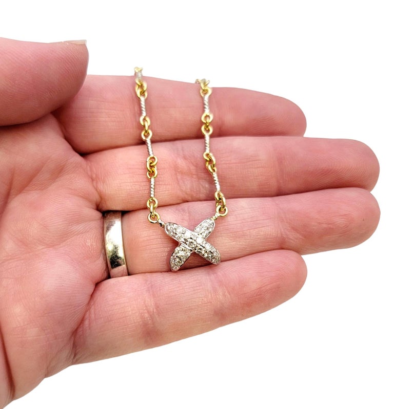 18 Karat TwoTone Gold Circle Link Necklace with Pave Diamond 'X