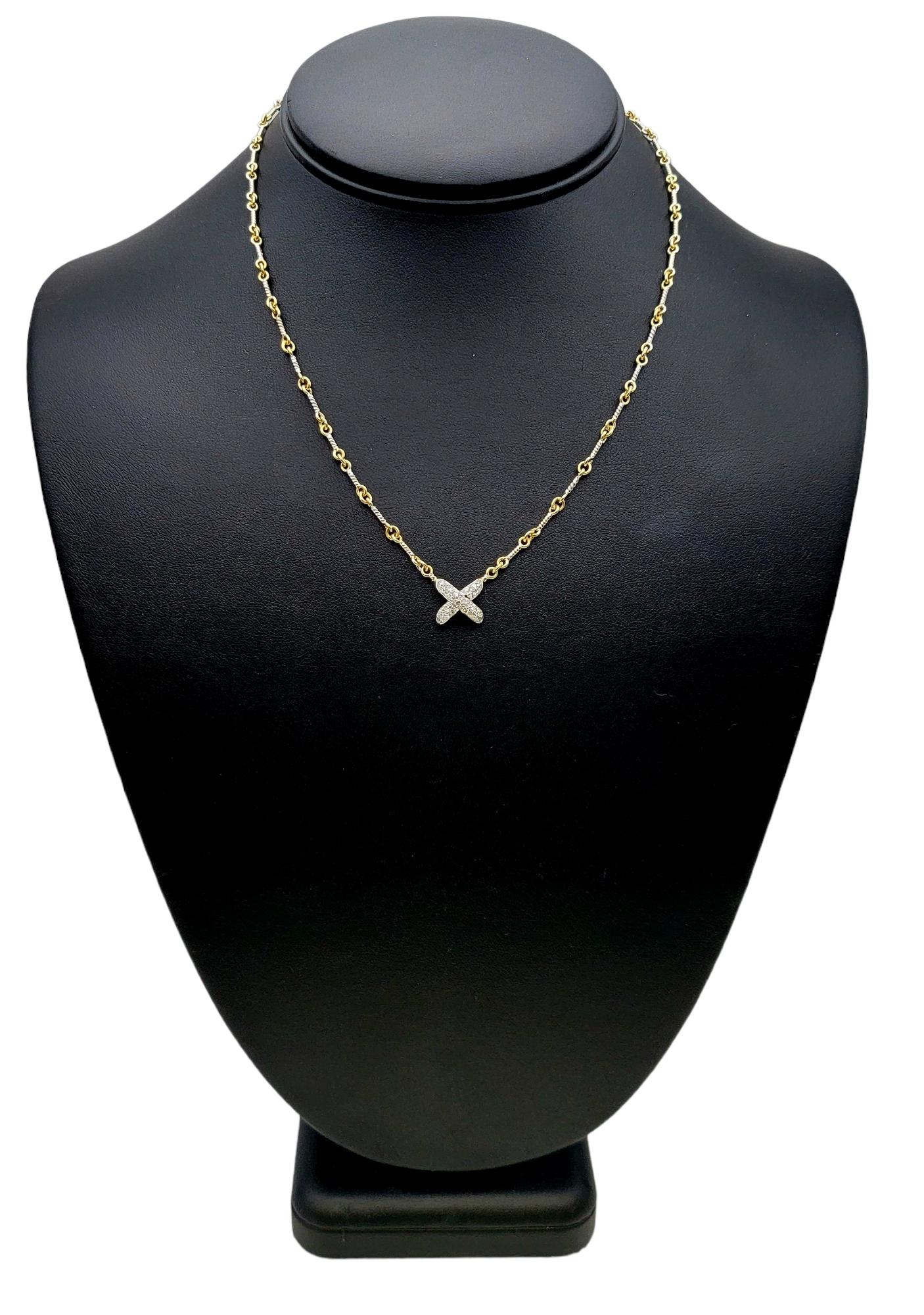 18 Karat Two-Tone Gold Circle Link Necklace with Pave Diamond 'X' Pendant For Sale 5