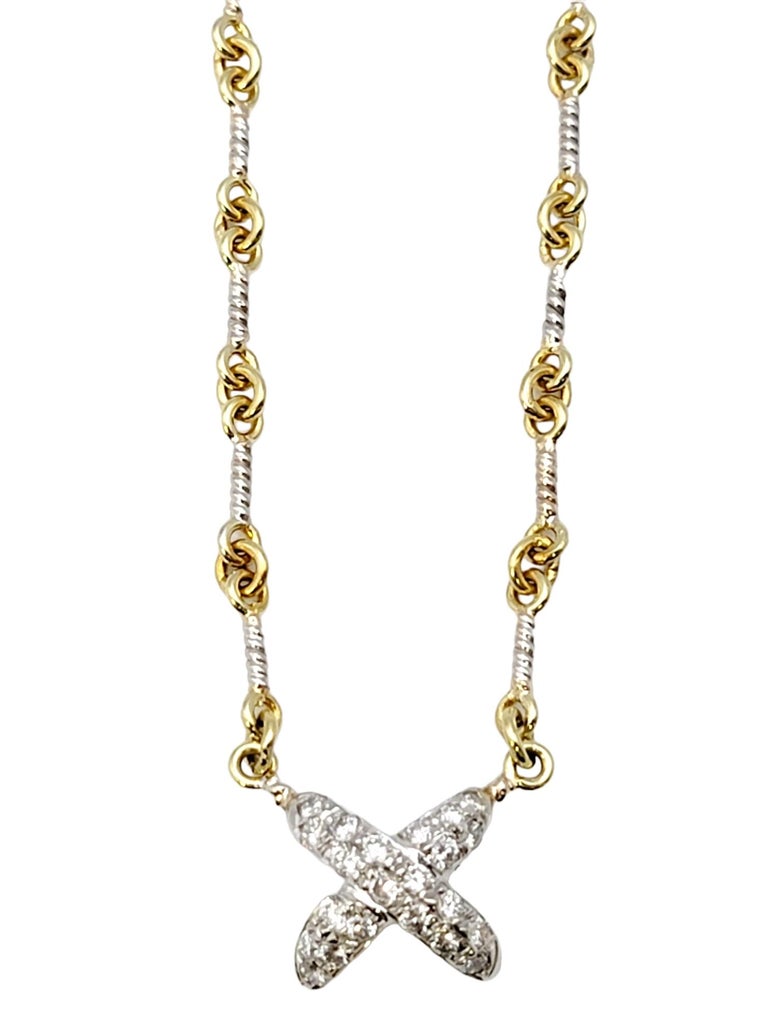 18 Karat TwoTone Gold Circle Link Necklace with Pave Diamond 'X