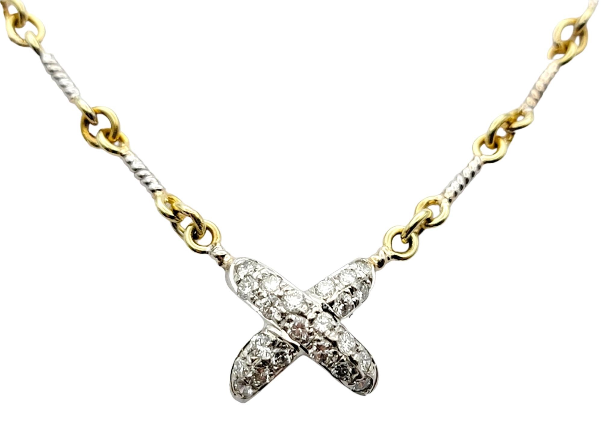 Contemporary 18 Karat Two-Tone Gold Circle Link Necklace with Pave Diamond 'X' Pendant For Sale